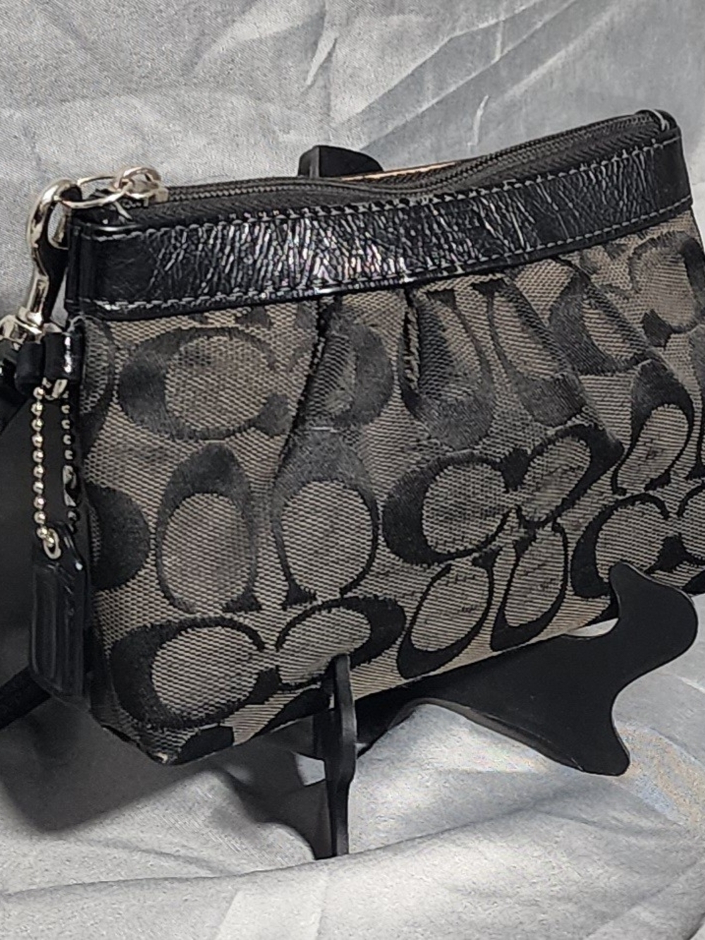 Coach Signature Blaxk Logo Canvas W/ Leather Trim Wristlet